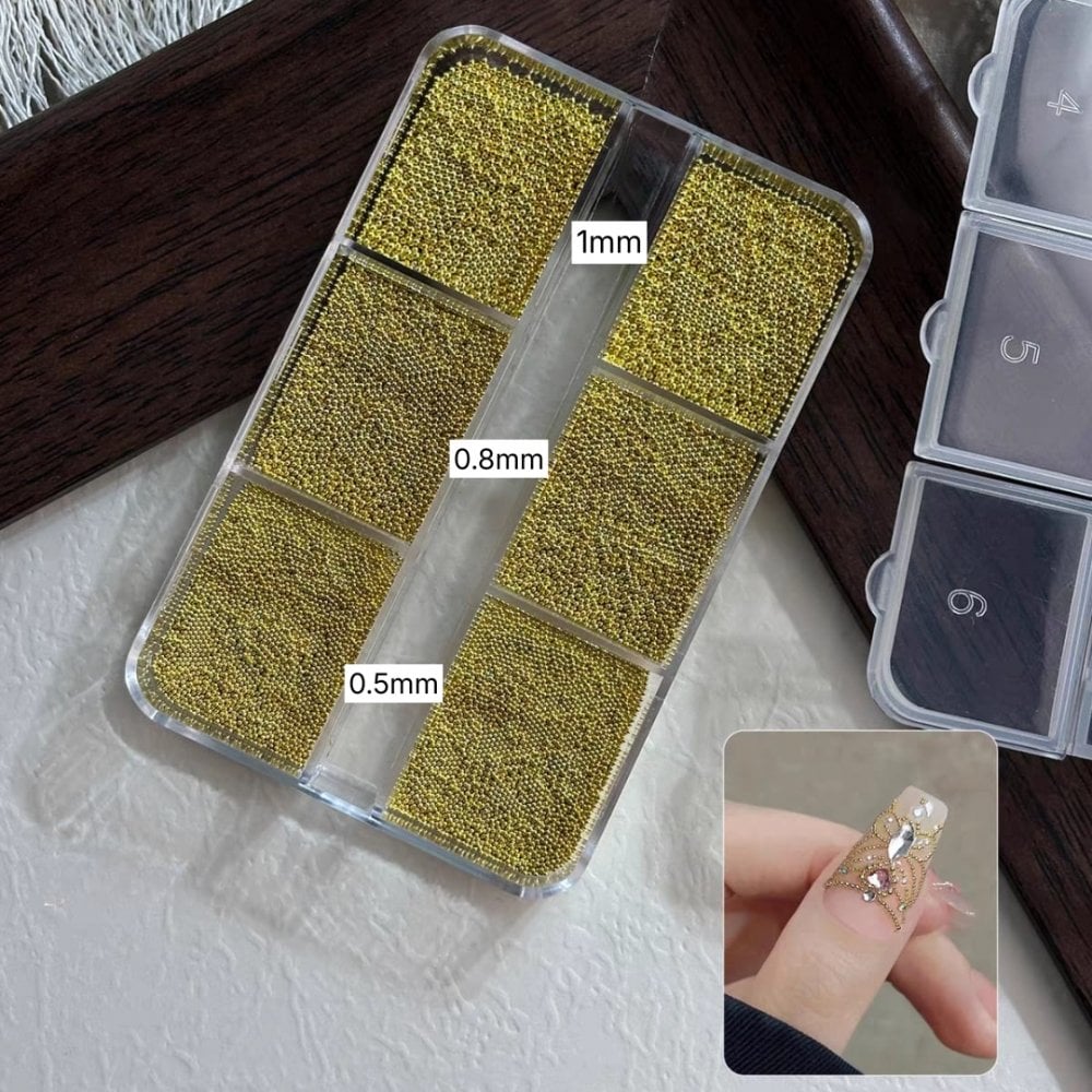 Gold Micro Beads Nail Art Set – 3 Sizes (6 Grid Box)
