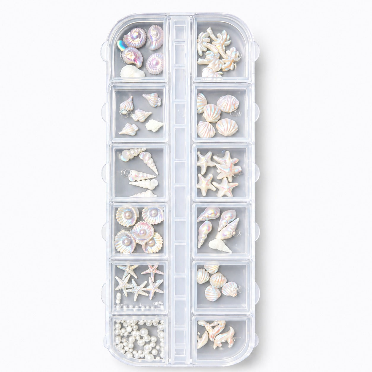 3D Iridescent Sea-Themed Nail Art Charms Set – 12 Compartments with Seashells, Starfish, and Pearls