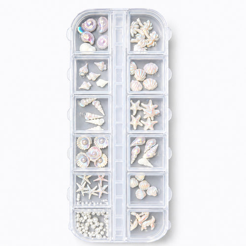 3D Iridescent Sea-Themed Nail Art Charms Set – 12 Compartments with Seashells, Starfish, and Pearls