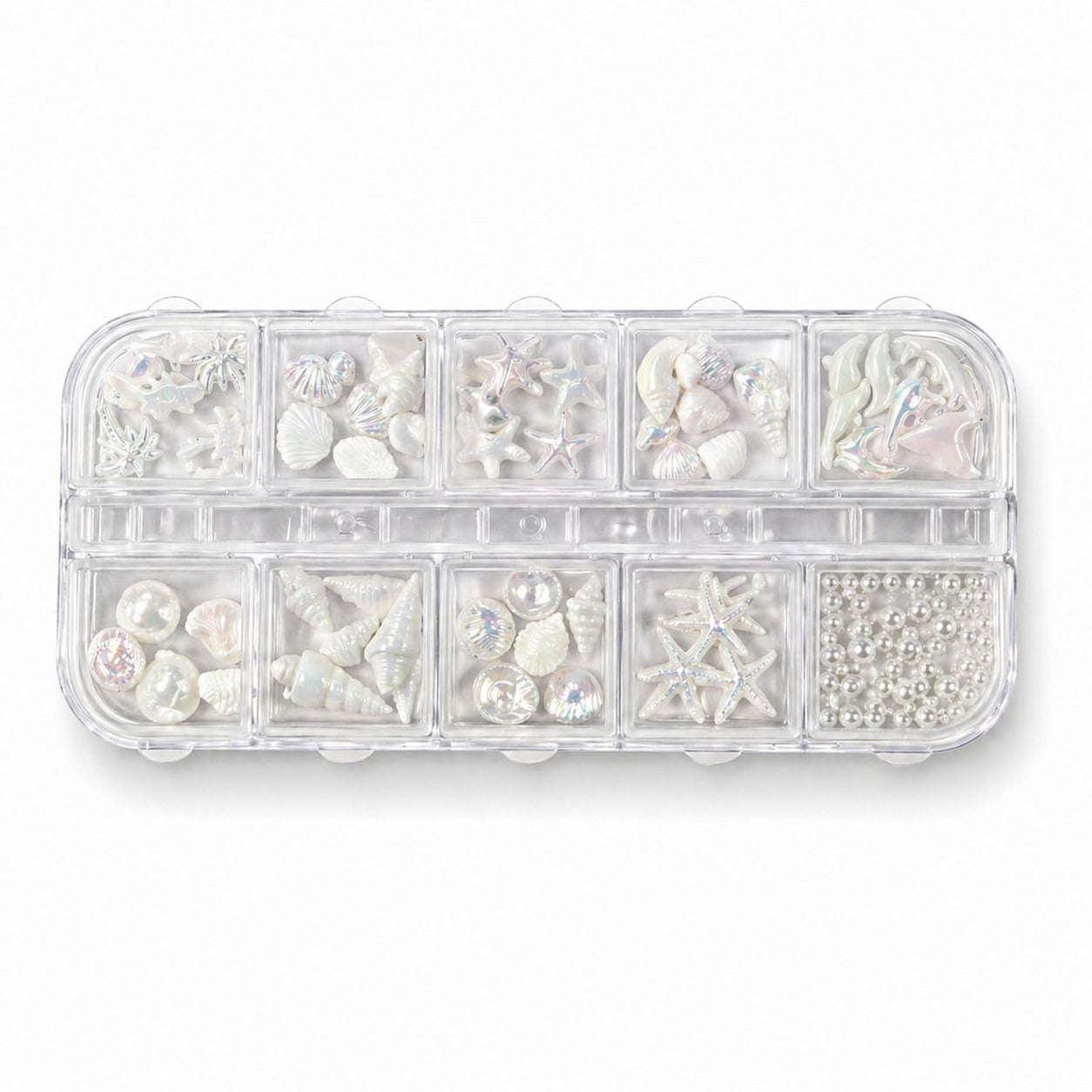 3D Iridescent Sea-Themed Nail Art Charms Set – 12 Compartments with Seashells, Starfish, and Pearls
