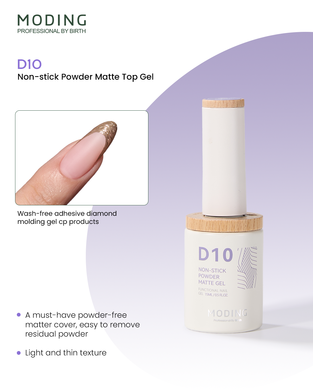 MODING D10 Non-stick Powder Matte Top Coat 15ml - HEMA & TPO Free