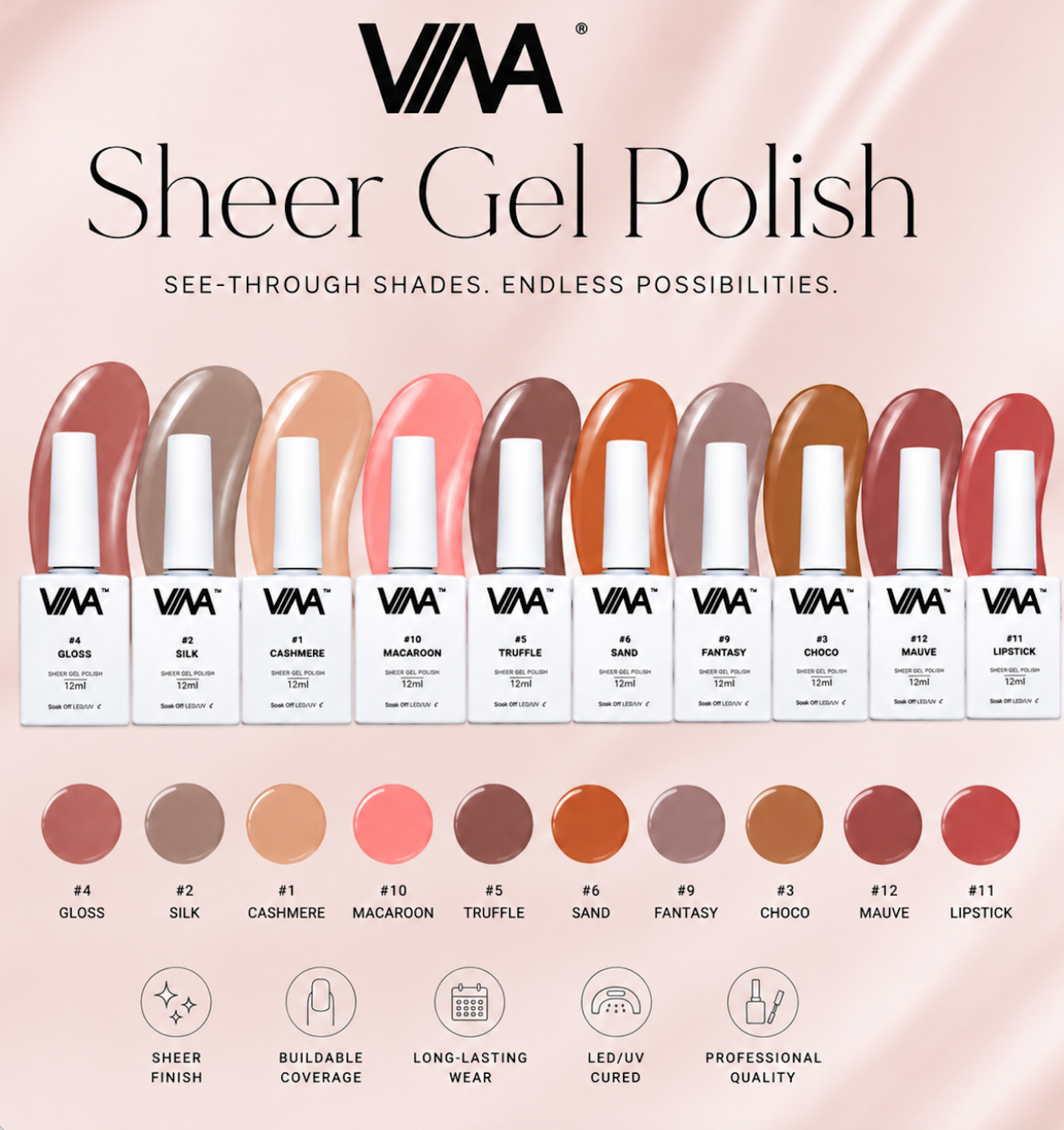 VINA Sheer Gel Polish 12ml Set (Free Non-wipe Topcoat + Primer)