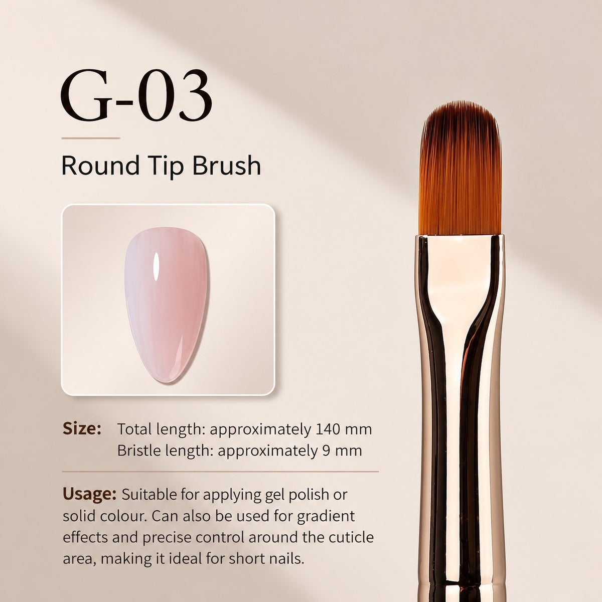 G-03 9mm Precision Round Nail Art Brush – Gel Colour, Ombre & Blending