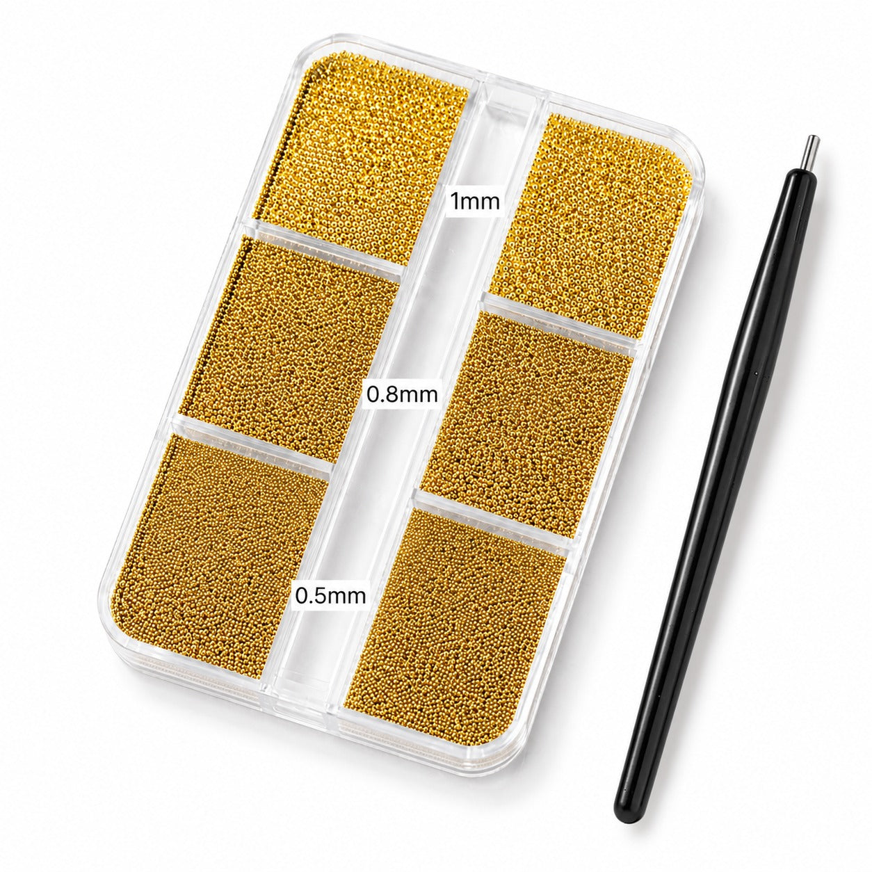 Gold Micro Beads Nail Art Set – 3 Sizes (6 Grid Box) with Pickup Tool Bundle