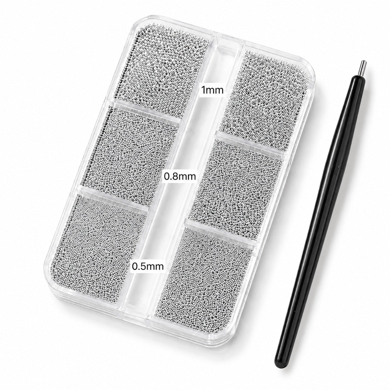 Silver Micro Beads Nail Art Set – 3 Sizes (6 Grid Box) with Pickup Tool Bundle