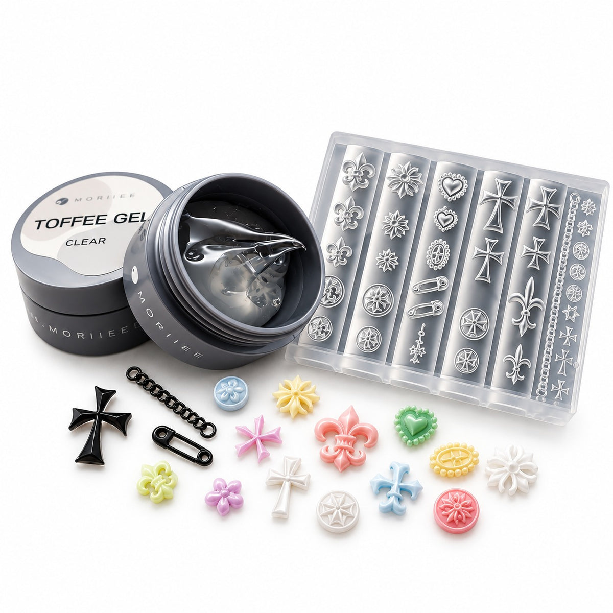 3D Gothic Charm Nail Art Silicone Mould – Cross, Fleur-de-Lis, Hearts & Chains + Toffee Gel Bundle