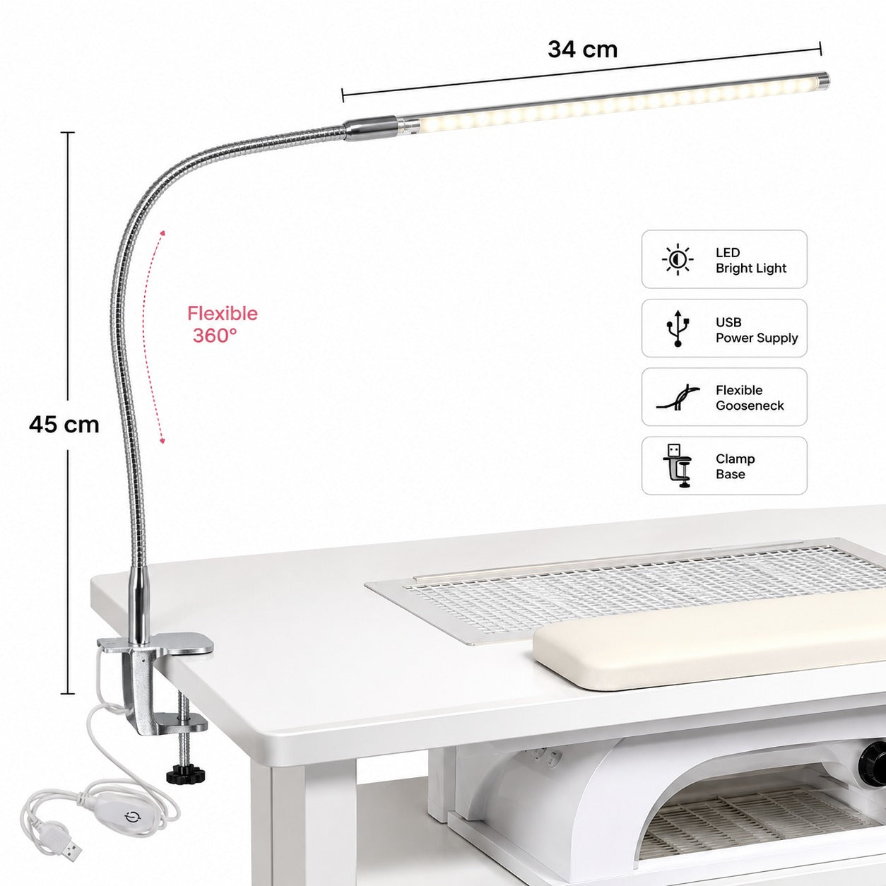 Professional Flexible LED Clamp Table Lamp – USB Powered, 360° Adjustable